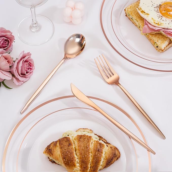 PULOTE 300PCS Rose Gold Plastic Silverware Set - Heavy Duty Rose Gold Utensils Set - Plastic Cutlery Disposable - Include 100 Knives,100 Forks and 100 Spoons for Party & Wedding