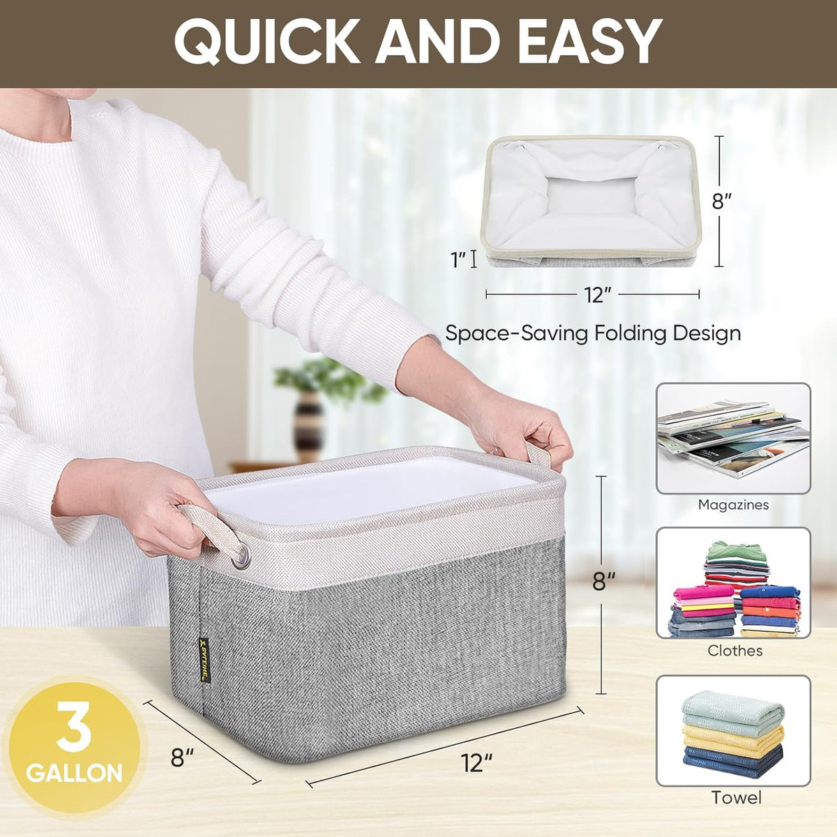 BALEINE 4 Pack Fabric Storage Bins for Shelves, Linen Storage Baskets for Organizing, Decorative Closet Bins for Clothes, Home (Grey, 12"x8"x8")