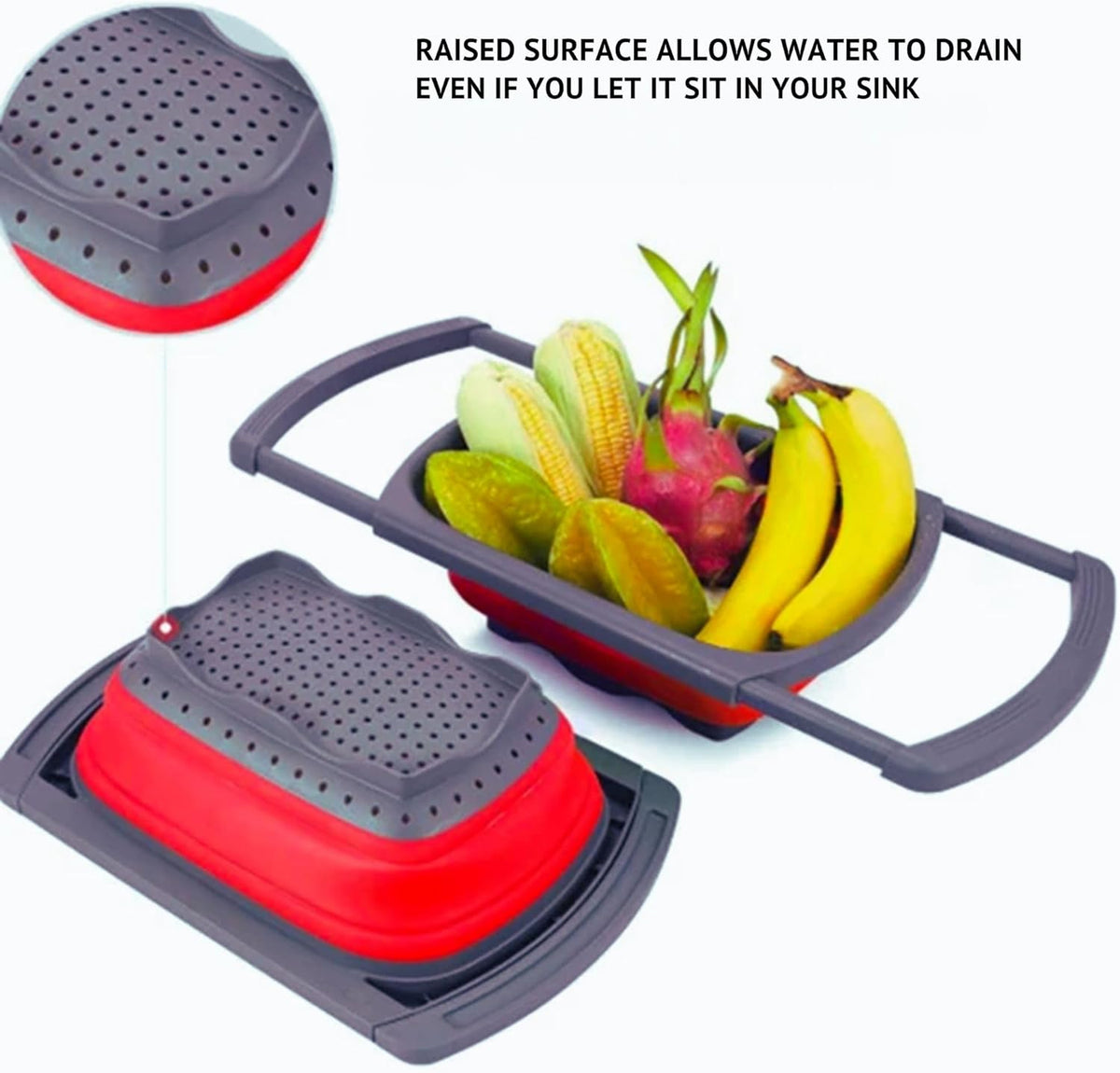 Collapsible Silicone Over-the-Sink Colander – 6-Quart Foldable Strainer with Extendable Handles & 3 Bonus Peelers, Perfect for Vegetables, Fruits, and Pasta|RED