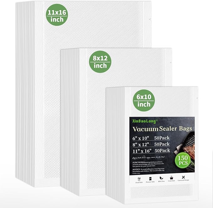 Vacuum Sealer Bags For Food-150 Quart 11"x16"and Quart 8"x12"and Pint 6"x10"-Commercial Grade BPA Free Bag-Durable Customized Size Food Vac Bags for Storage and Sous Vide Cooking-Puncture Prevention