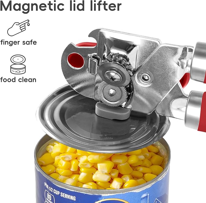 Can Opener Manual, UHIYEE Hand Held Manual Can Openers Heavy Duty with Smoother Cut Sharp Blade, Manual Hand Can Open with Soft Handle, Easy to Turn Knob, Magnetic Lid Lifter, Red