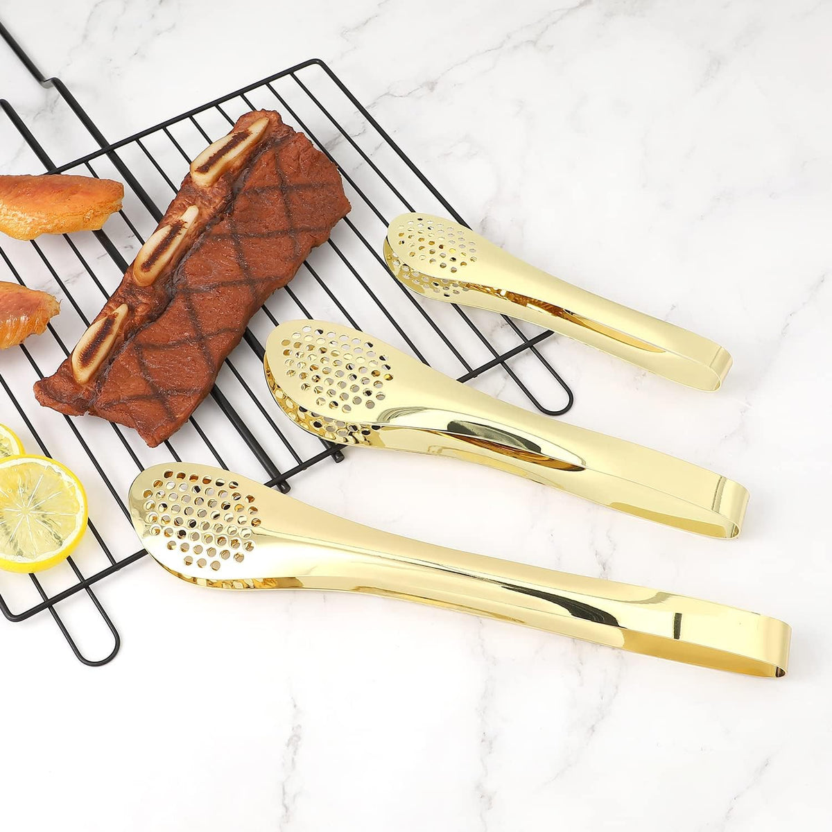 MSY BIGSUNNY Chef Kitchen Tongs Stainless Steel Food Serving Tongs Set of 3 (Golden 7" 9" & 11")