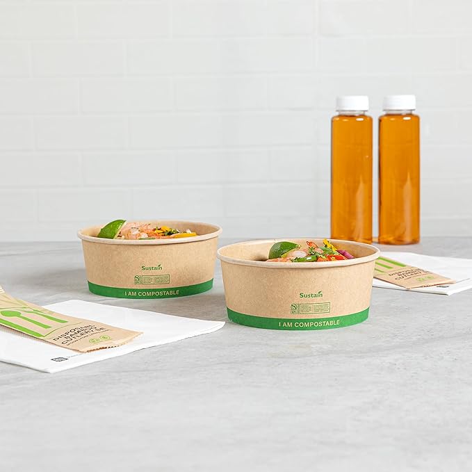 Restaurantware Paper Food Containers 200 Pack Of 25 oz Disposable Round Kraft Salad Bowls BPI-Certified Compostable Stackable Greaseproof Meal Prep Take Out Containers For Soups, Snacks And Desserts