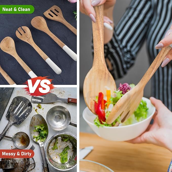 INTAJ Wood Kitchen Utensil Set – Handmade Wooden Spoons & Spatula for Cooking and Serving 5-Piece Acacia – Durable, Smooth Surface & Gentle on Cookware – Easy to Clean Kitchen Tools