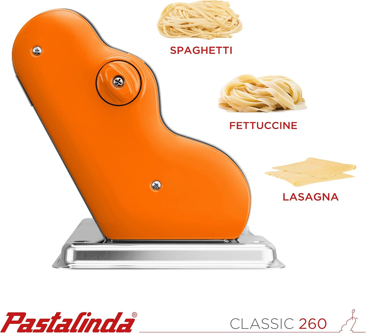 PASTALINDA Classic 260 Pasta Maker Machine, 26 cm Wide Rollers, 9 Thickness Positions, 2 Cutting Positions, Stainless Steel. Includes Reinforced Hand Crank And Two Clamps (Orange)