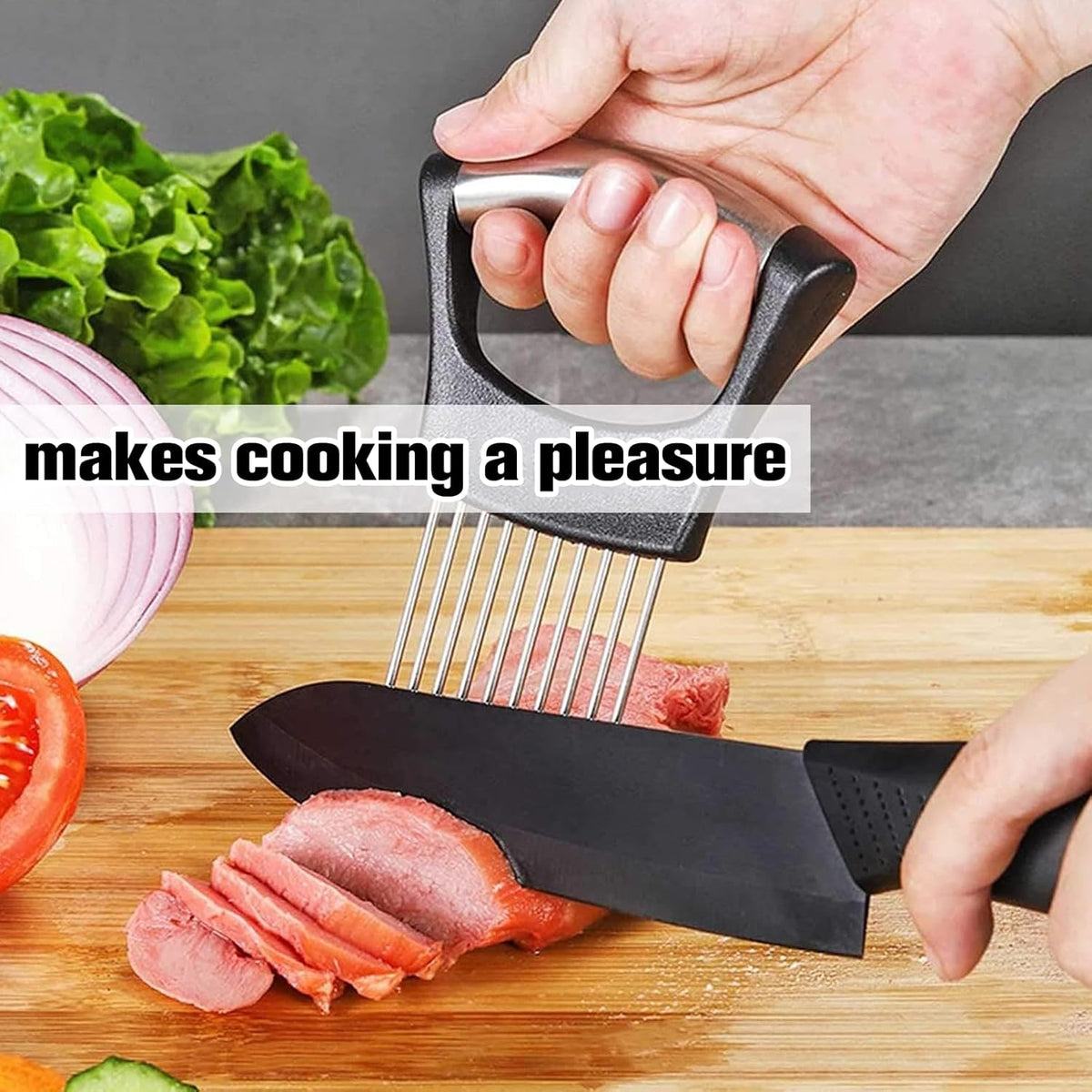 Onion Holder for Slicing, Large Onion Cutter Vegetable Chopper, Stainless Steel Tomato Slicer for Potato Lemon, Practical Meat Tenderizer Tool(2 Pcs)