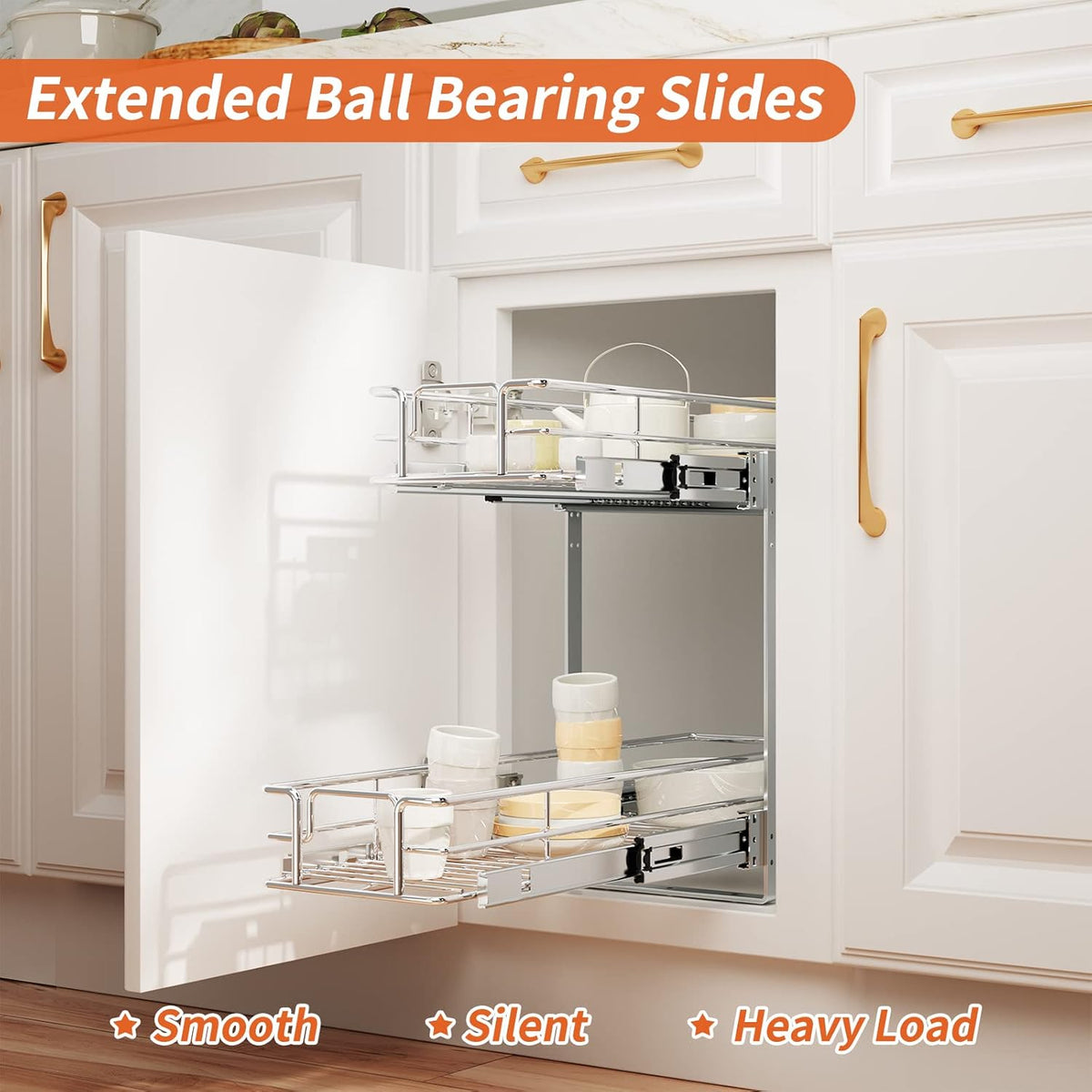 ROOMTEC Individual Pull Out Cabinet Organizer (9" W x 21½" D), 2 Tier Spice Rack Organizer for Cabinet, Slide Out Drawer Pantry Shelf Organization and Storage for Kitchen Bathroom