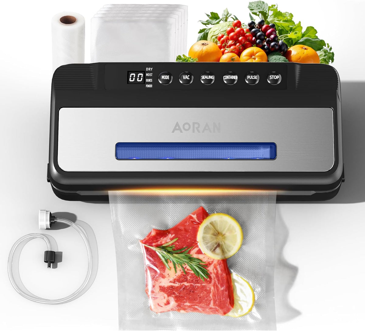 AORAN Vacuum Sealer with Transparent Window, 80KPa Powerful Food Vacuum Sealer, Compact and Easy-to-Use, Includes 5 Bags & 1 Roll, Dry & Moist Modes for Food Preservation