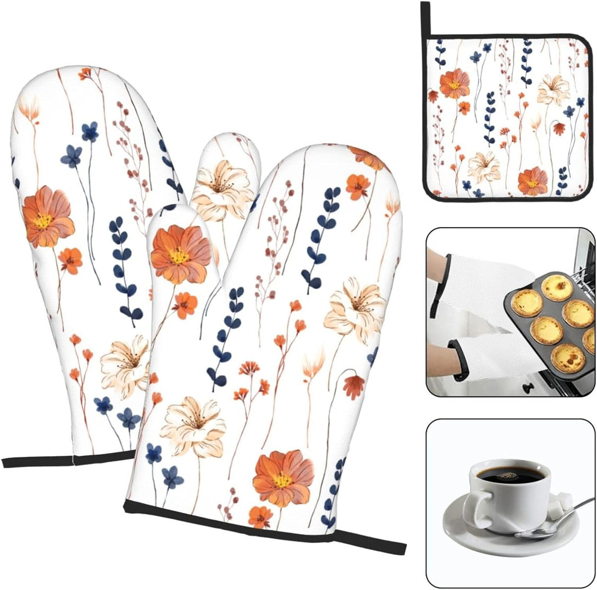 Watercolor Orange Floral Oven Mitts and Pot Holders Set Heat Resistant Non Slip Set of 3 Navy Blue and Orange Flower Decorative Kitchen Gloves Hot Pads for Cooking BBQ Baking Grilling