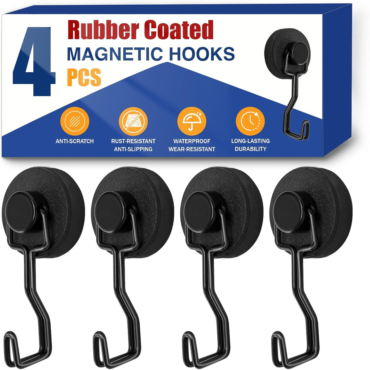 Magnetic Hooks for Grill & Refrigerator, 4-Pack Heavy Duty Rubber Coated Rust Proof Hooks – Strong Magnet for Hanging Grill Tools, Kitchen Utensils, Towels, Outdoor Camping BBQ Accessories (Black)