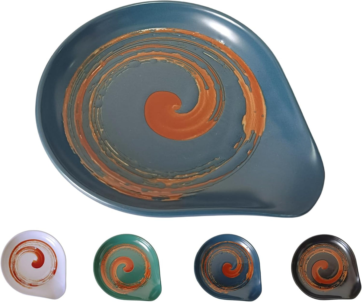 Ceramic Spoon Rest for Stove Top, Hand Painted Brown Swirl Spoon Rest for Kitchen Counter, Retro Cooking Spoon Holder for Kitchen Counter, Utensil Rest for Spatula Ladle or Tong (Navy Blue)