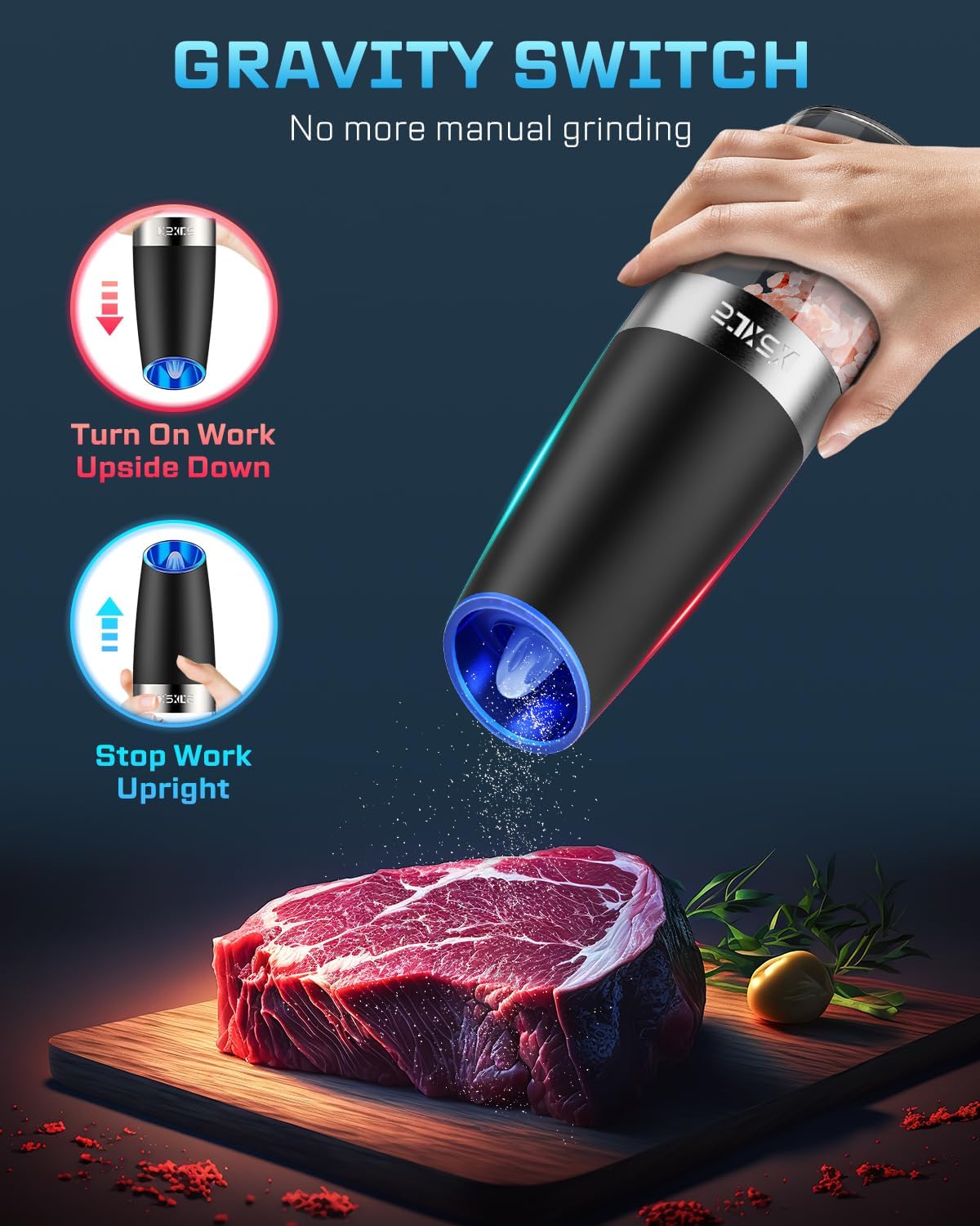 XinXu Gravity Electric Pepper and Salt Grinder Set, Adjustable Coarseness, with LED Light, One Hand Automatic Operation (Set/Black L)