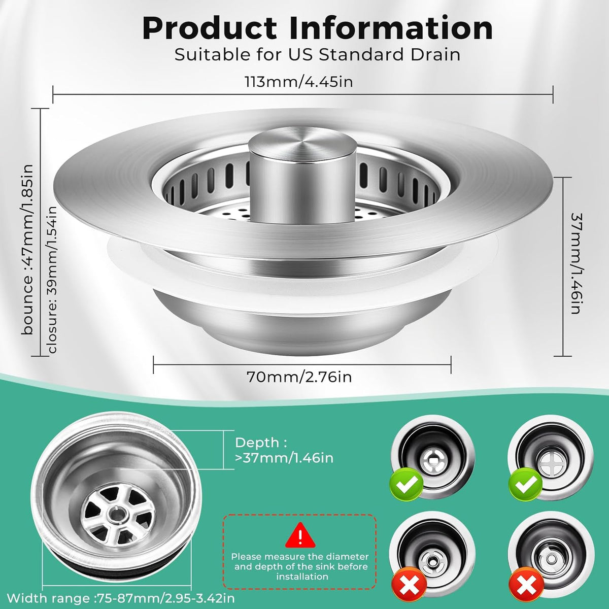 Kitchen Sink Drain Strainer/Strainer Basket, Upgraded 3 in 1 Stainless Steel Pop-up with Anti-Clogging Basket Sink Stopper, Suitable for US Standard 3-1/2" Sink Drain Hole (Brushed Nickel)