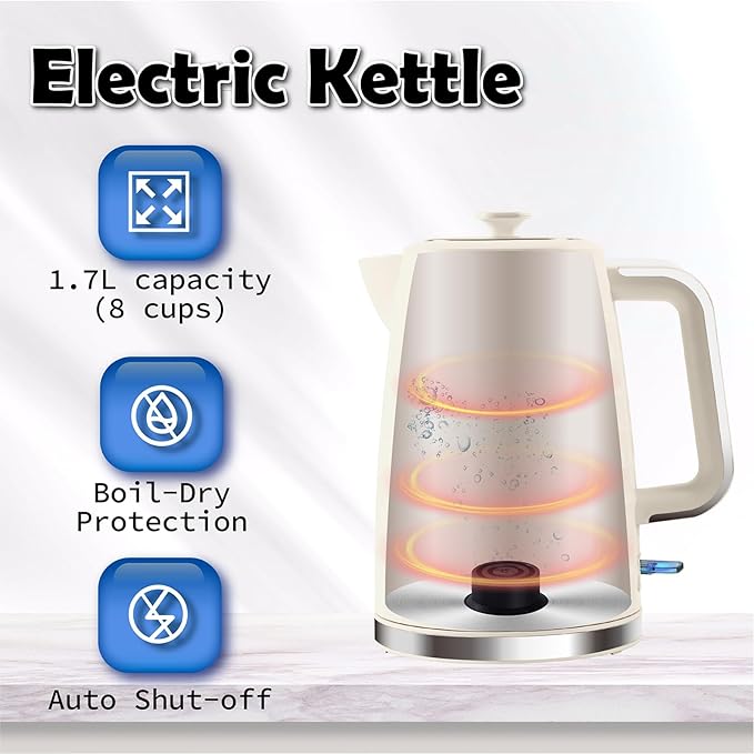 1.7L Electric Kettle, Fast Boiling 1200W Hot Water Boiler, 360° Cordless Design,Electric Tea Kettle for Boiling Water Auto Shut Off Boil Dry Protection，Electric Water Kettle for Coffee Tea,Beige