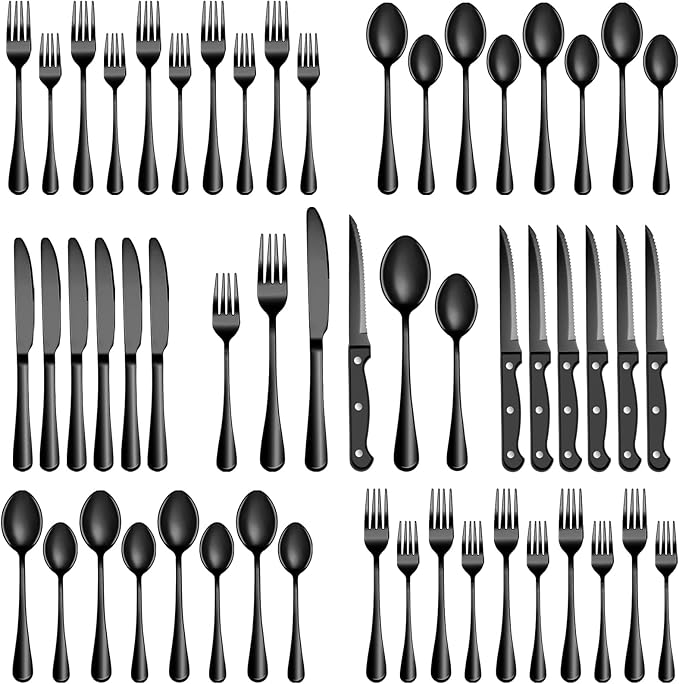 36 Pcs Black Silverware Set with Steak Knives, Stainless Steel Flatware Cutlery Set Service for 6, Kitchen Tableware Set, Utensil Set for Home and Restaurant, Knives Forks Spoon Set, Dishwasher Safe