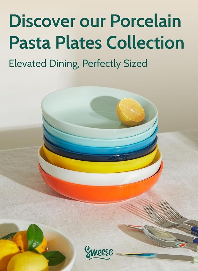 Sweese Pasta Bowls, 30 Ounce Salad Serving Bowls Set of 6, 8.4 Inch Porcelain Plates for Serving Dinner, Salad - Microwave Dishwasher Safe, Hot Assorted Colors