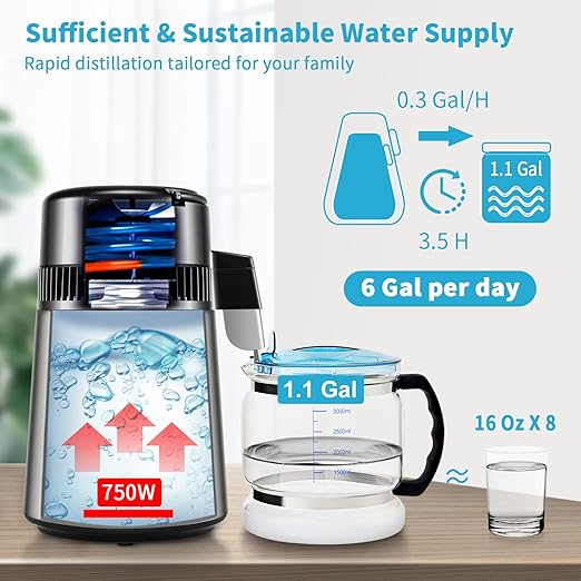 VEVOR 1.1 Gal Water Distiller, 0.3 Gal/H, Distilled Water Maker Machine 750W 0-99H Timing Set Temp Display, 304 Stainless Steel Countertop Distiller Glass Carafe Cleaning Powder 3 Carbon Packs, Silver