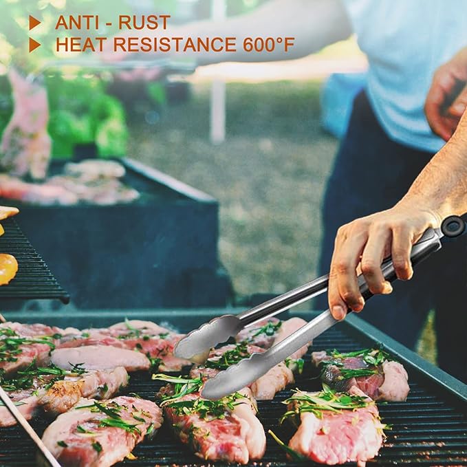 9 Pieces Stainless Steel Kitchen Tongs Grilling Locking Cooking Tongs Non-Slip Metal Food Tongs for Cooking, Salad and BBQ, 7, 9 and 12 Inch