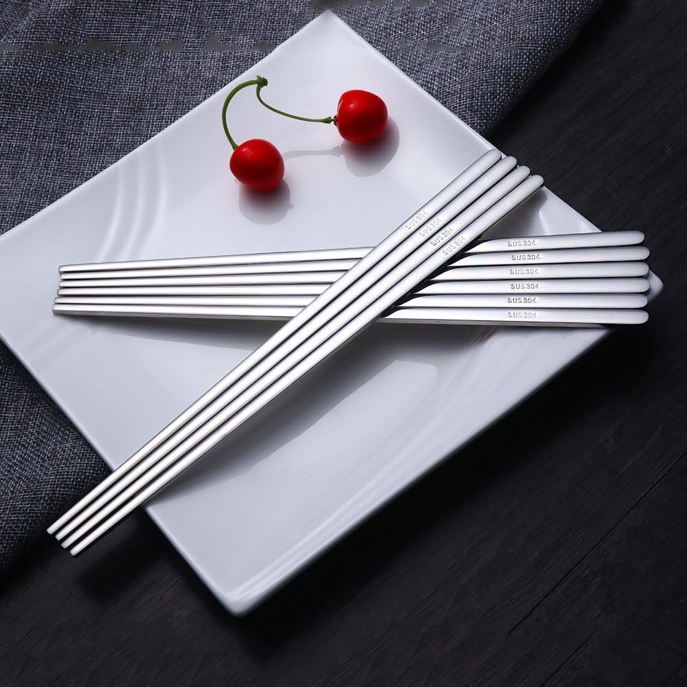 Buyer Star 5 Pairs Silver Flat Chopsticks - Reusable Metal Stainless Steel Chinese Chopsticks Set with Case