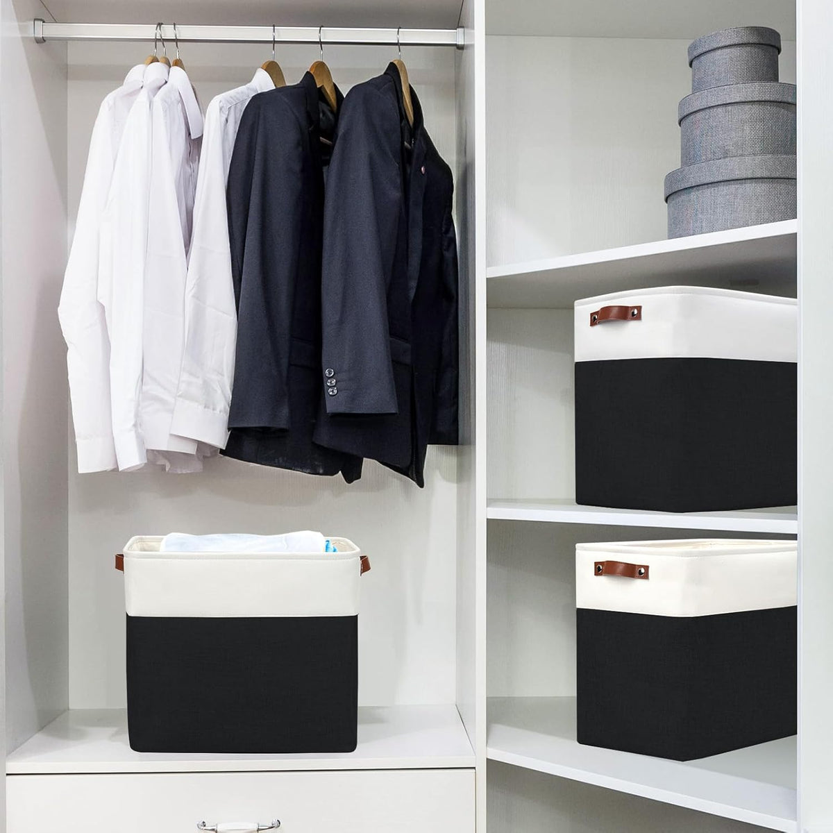 Large Fabric Storage Baskets | 50L Storage Bins, Decorative Linen Closet Baskets with Handles for Organizing, Shelf, Toys, Clothes, Home, Office, Nursery, 17x12x15Inches (Black&White)