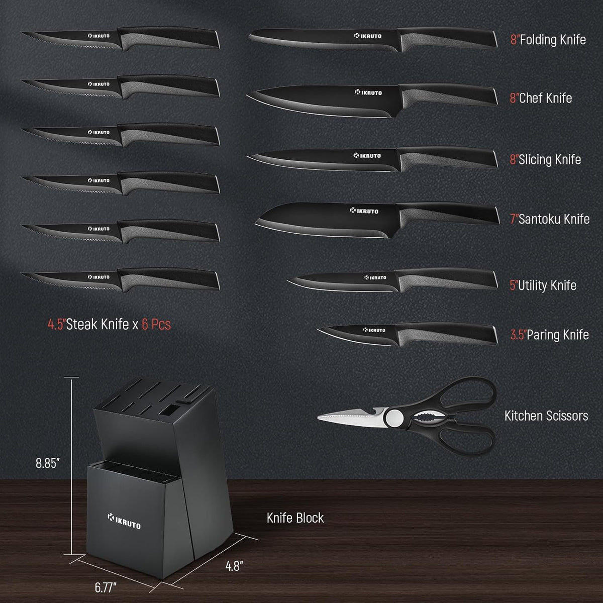 15-Piece Kitchen Knife Set with Block – Chef Knives, Utility Knives, Steak Knives, and Built-In Sharpener (Black and Gray)