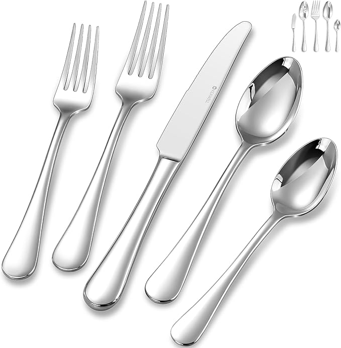 KEAWELL Premium Verona 45-Piece Silverware Set for 8 – Heavy Duty 18/10 Stainless Steel, Brilliant Mirror Finish, Smooth Edges, Dishwasher Safe (45, Silver)