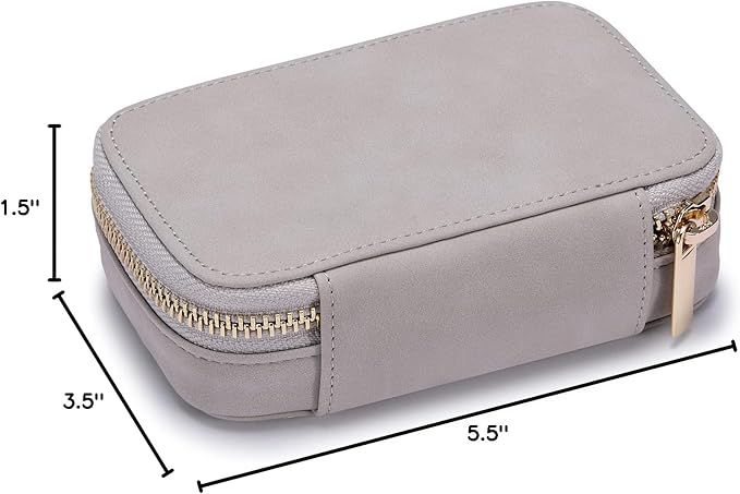 HISCOW Vegan Leather Travel Jewelry Case with Zipper - Portable Necklace & Earring Holder Organizer for Women Girls, Velvet-Lined Ring Box with Anti-Tarnish Design, Stone