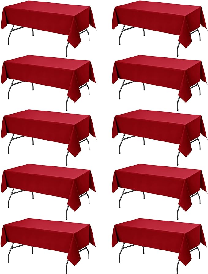 10-Pack Red Tablecloths for Rectangle Tables, 60 x 102 Inches, Stain-Resistant Polyester Fabric for 6 Foot Tables - Washable Table Covers for Weddings, Banquets, Birthday Parties, Events