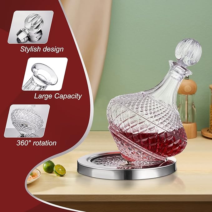 spinning wine decanter with stopper, 50 oz red wine decanter crystal and gift box, for wedding gift, birthday, helovers'day, christmas day.