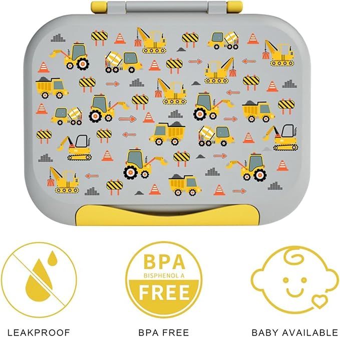 Prints Leak-Proof XL Lunch Box - Reusable 3-Compartment Containers Bento Box for meal Prepping;5-Cup Capacity for Adults & Ages 8+, BPA-Free, Dishwasher Safe (Yellow - Trucks)