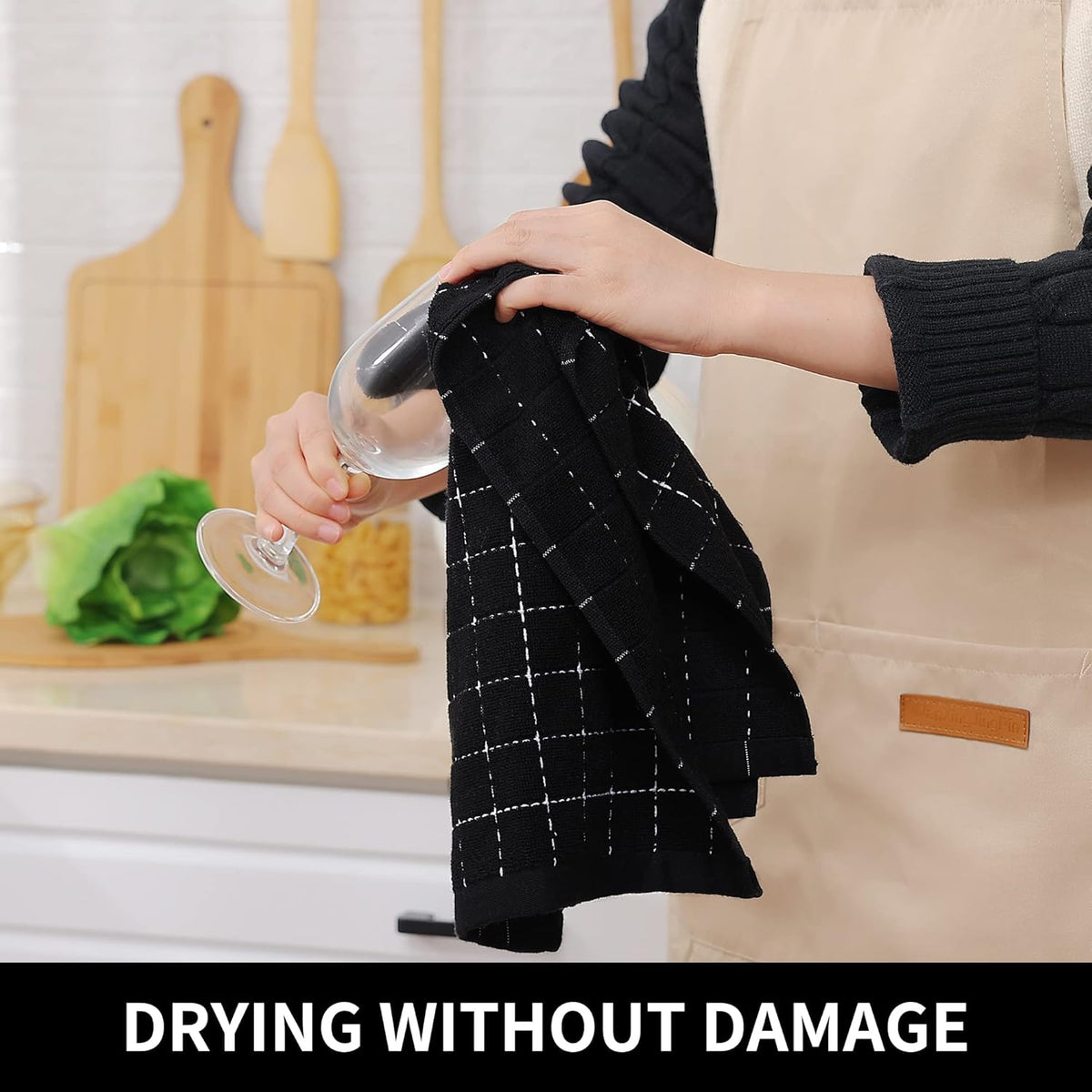 Homaxy 100% Cotton Terry Kitchen Towels(Black, 13 x 28 inches), Checkered Designed, Soft and Super Absorbent Dish Towels, 12 Pack