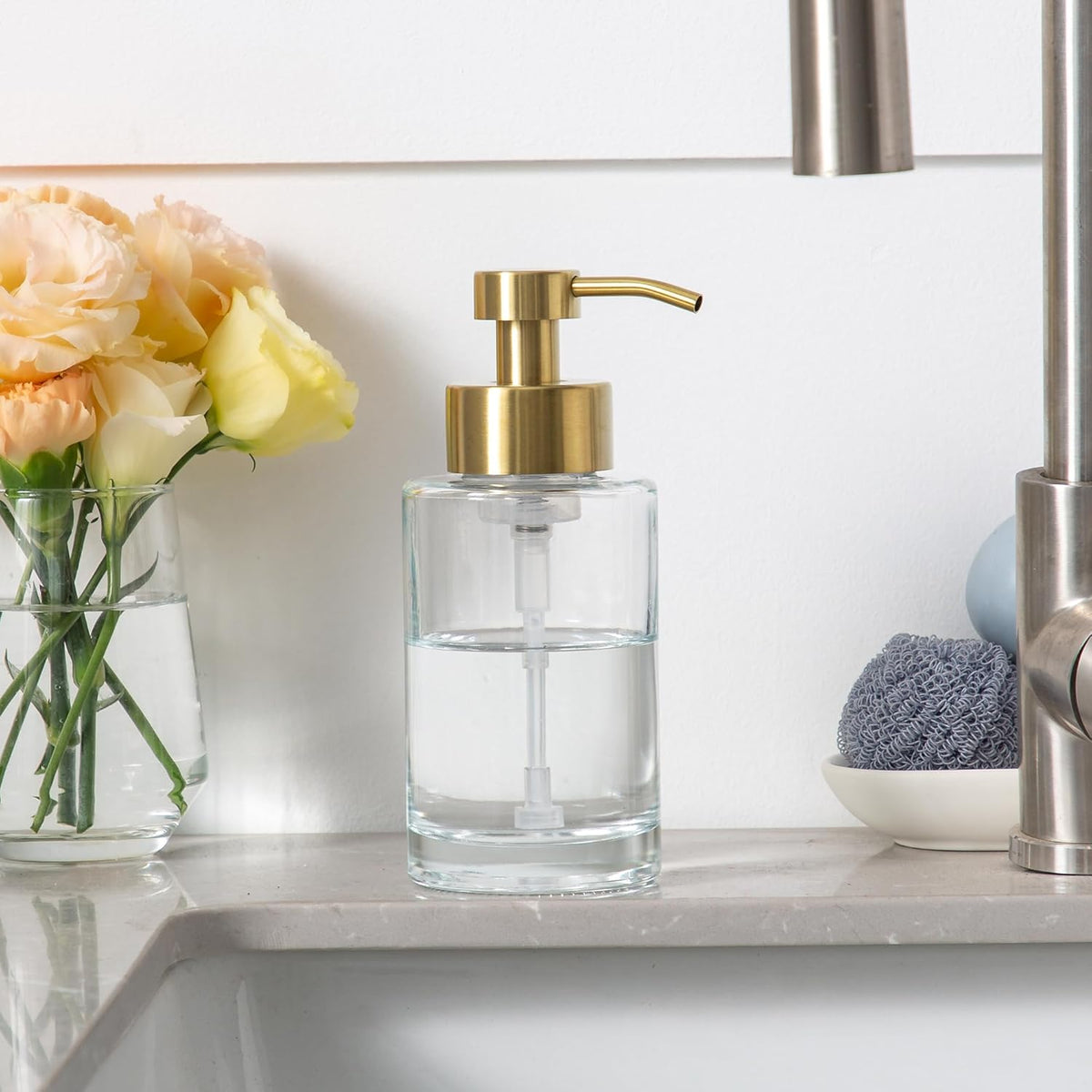 Enra Foam Soap Dispenser,12oz Thick Glass Bathroom Soap Dispenser with Stainless Steel Gold Pump for Bathroom Kitchen(Clear/Gold Poam Type)
