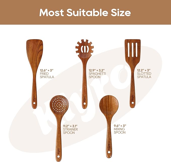 Teak Kitchen Utensils Set, 5 Piece Premium Wooden Cooking Utensils Set, Non-Stick Heat-Resistant Wooden Spoons for Cooking, New Apartment Essentials