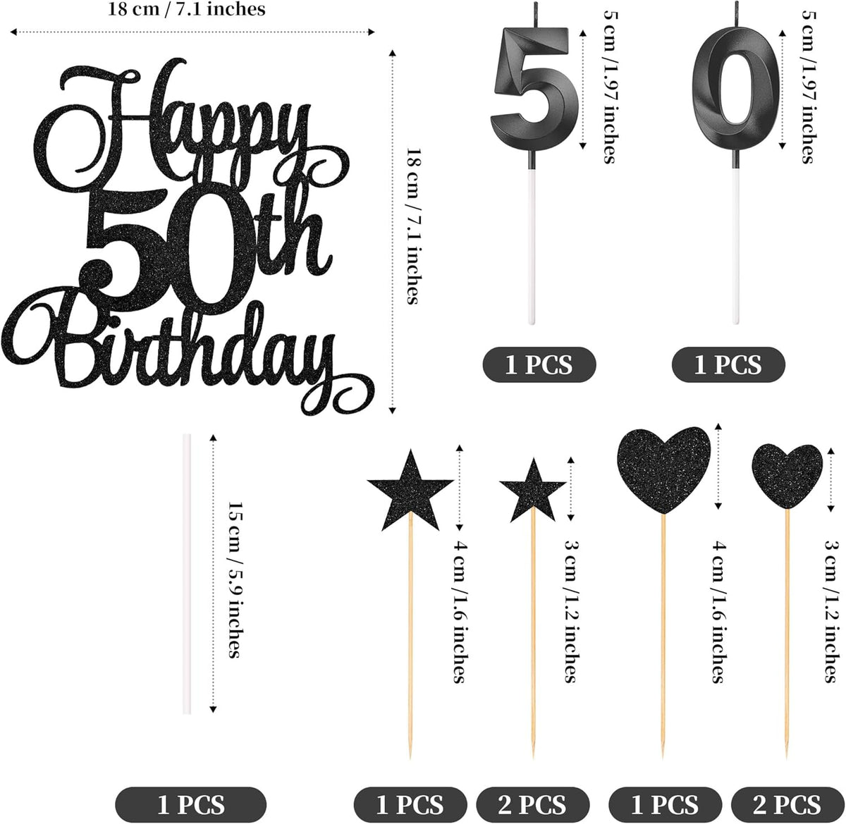 50th Birthday Cake Decorations, 50th Birthday Candles Cake Numeral Candles and Glitter Happy 50th Birthday Cake Toppers Set for Birthday Party Supplies (Black)