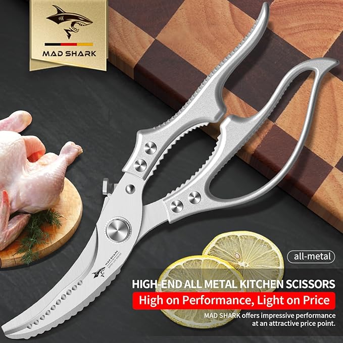 MAD SHARK Heavy Duty Poultry Shears, Kitchen Shears with Non-Slip Handle & Safety Lock, All Purpose Kitchen Scissors for Chicken, Meat Cutting, Turkey, Fish, Vegetables, Spring Loaded, Dishwasher Safe