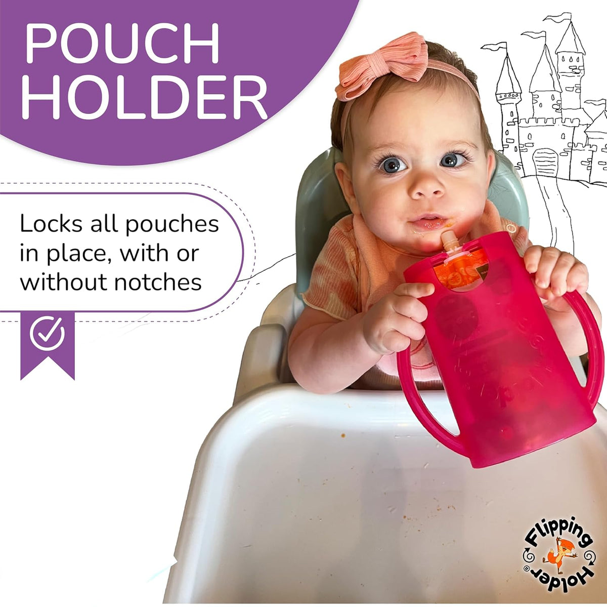 Squeeze Proof Food Pouch Holder for Toddlers, Babies, Kids, Mess Free No Squeeze Juice Box Drink Holder with Easy Grip Handles and Lid - Made in USA (Blue 3 Pack)