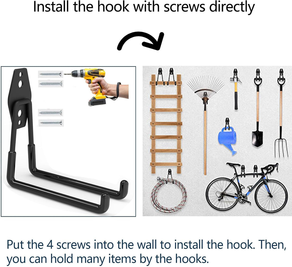 Heavy Duty Magnetic Hooks - Anti-Slide Garage Hanger, Magnetic Mounting for Garden Tools, Hose, Power Drill, Steel Pegboard, Workshop (8 Pack)