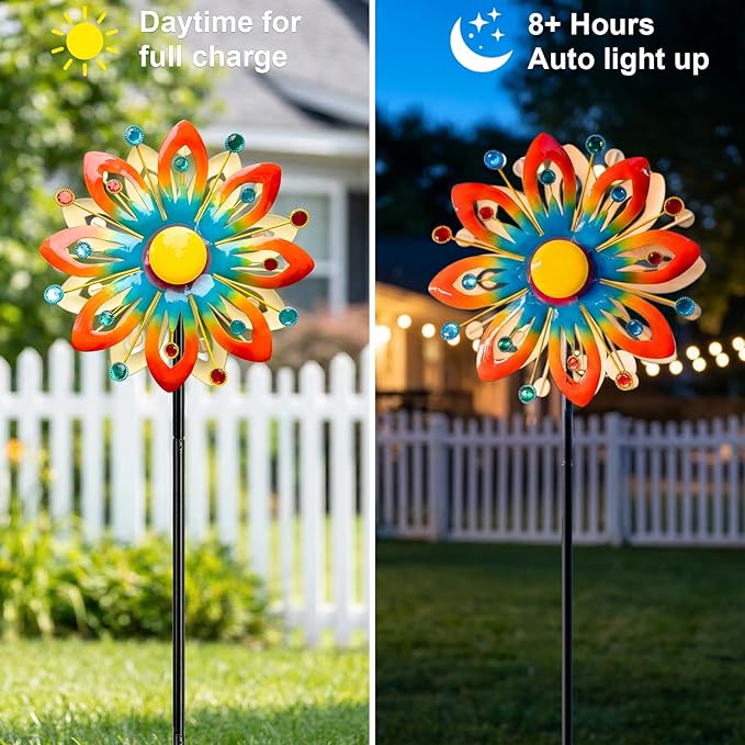 Solar Wind Spinner Outdoor Metal Garden Decor – 60.63'' Kinetic Flower Sculpture with Color-Changing LED Crackle Glass Ball & Gemstone, Waterproof Wind Catchers for Patio, Yard, Lawn Art Decoration