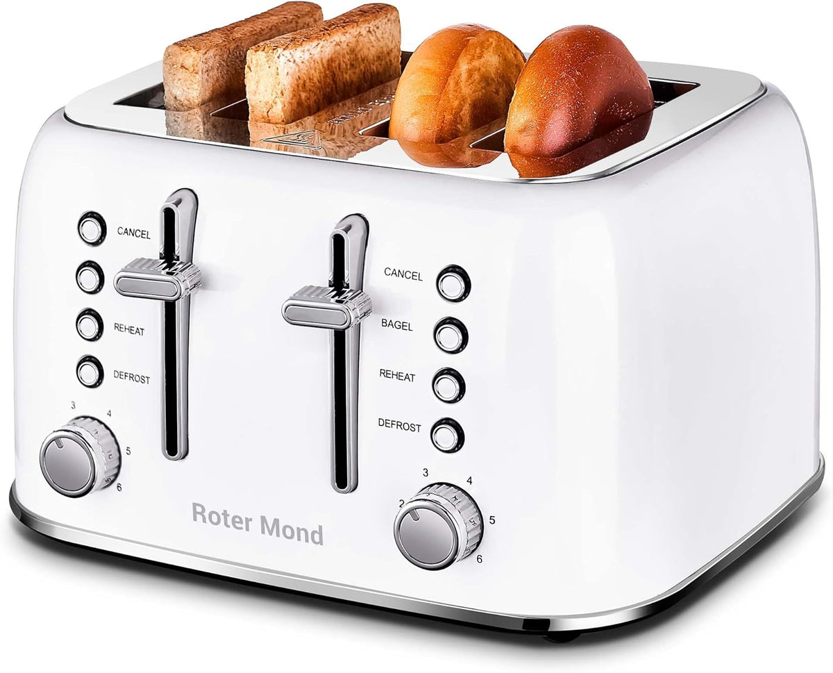 Toaster 4 Slice Retro Stainless Steel with Extra Wide Slots Bagel, Defrost, Reheat Function, Dual Independent Control Panel, Removable Crumb Tray, 6 Browning Levels, White