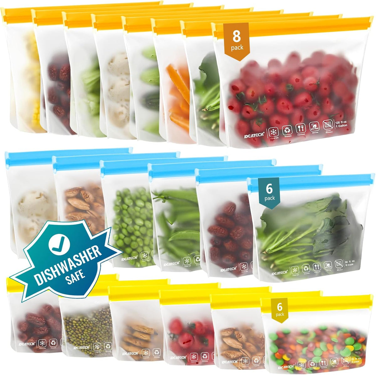 IDEATECH 20Pack Reusable Bags Dishwasher Safe, Leakproof Reusable Freezer Bags, BPA Free Healthy Food Storage Contaizers Sandwich Snack Baggies for Lunch Travel(8 Gallon 6 Quart 6 Snack,Colored)