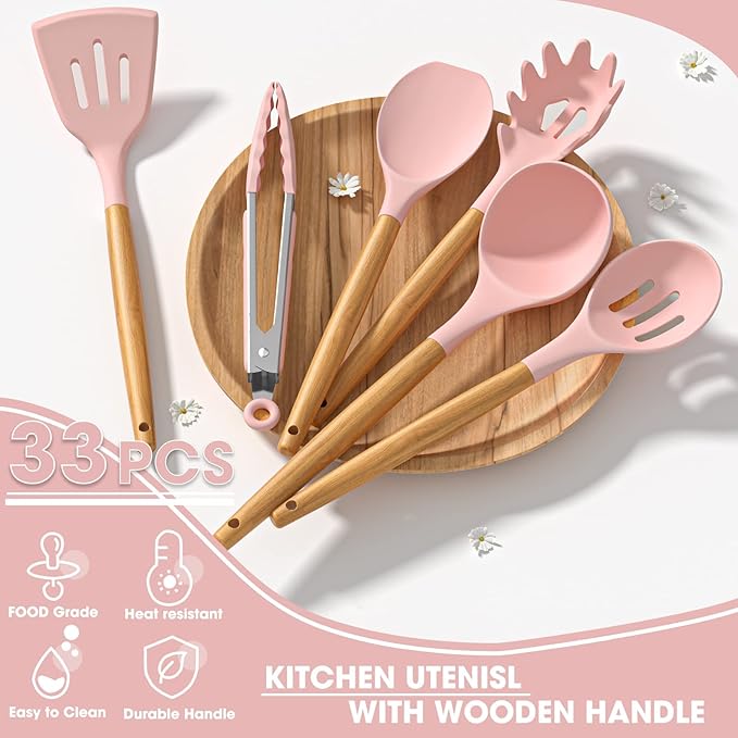 Umite Chef Silicone Kitchen Utensils Set, 33 Piece Non-Stick Kitchen Utensils with Stand, Wooden Handle, Pink