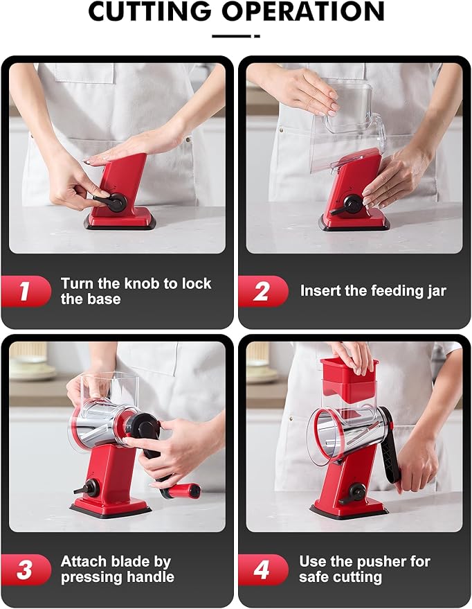GDL Rotary Cheese Grater Hand Crank - Upgraded Cheese Shredder with 4 Interchangeable Blades, Rotary Grater with Non-slip Suction Base, Easy to Clean Kitchen Grater Slicer Grinder for Vegetable Nuts