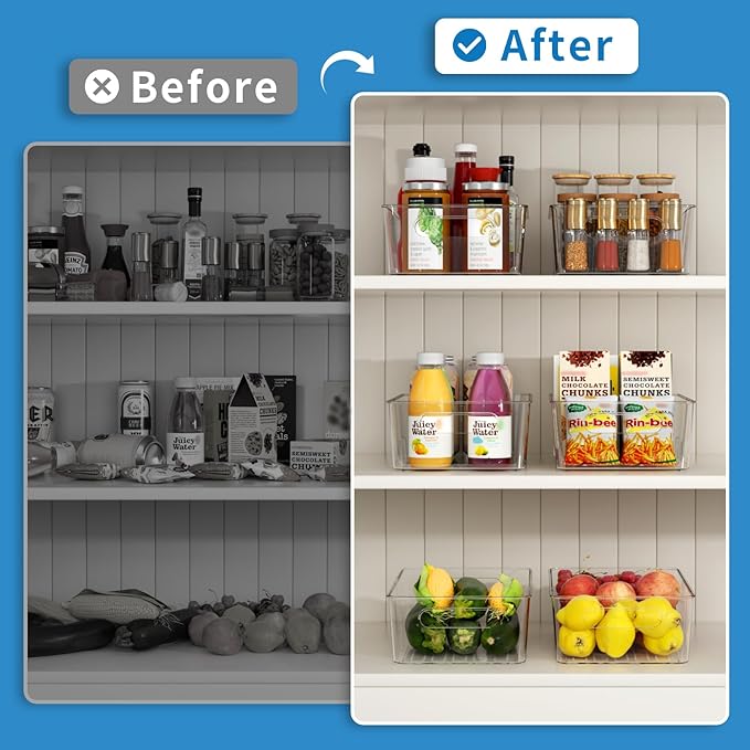 Pantry Organizers and Storage , 8 Pack Snack Organizer for Pantry Shelf,Food Storage Bins with Divider,Clear Containers for Organizing,Transparent Plastic Basket,Refrigerator and Fridge Bins