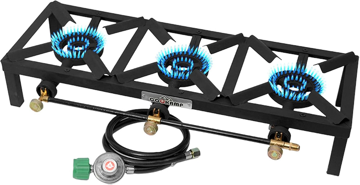 Propane Triple Burner Angle Iron Camp Stove with CSA Listed Regulator and 4ft Hose (SA3200)