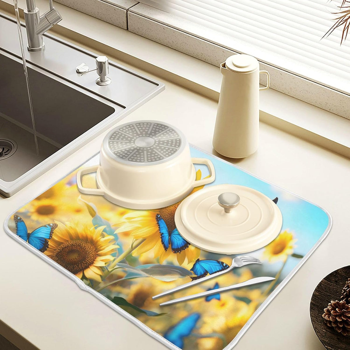 Blooming Sunflowers Blue Butterfly03 Dish Drying Mat for Kitchen Counter Absorbent Microfiber Large Drying Pad Dish mats for Kitchen Countertops 18 x 24 Inch