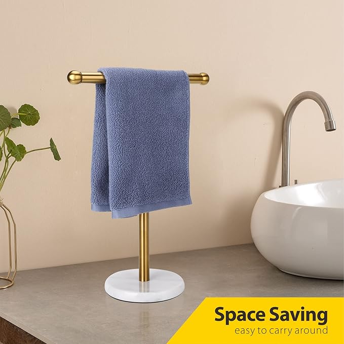 Gold Hand Towel Holder Stand with Heavy Marble Base, T-Shape Towel Rack, Free-Standing for Bathroom Vanity Countertop, 304 Stainless Steel (Gold)