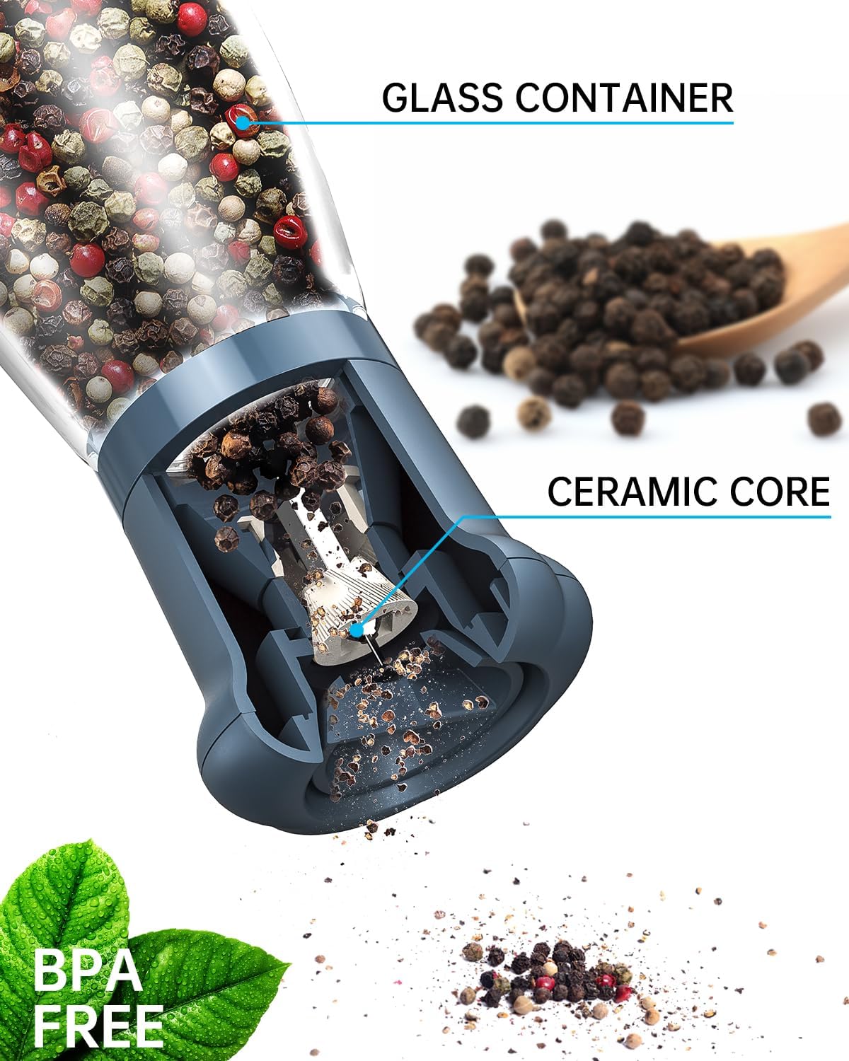 CIRCLE JOY Manual Salt and Pepper Grinder Set For Professional Chef, Refillable Salt and Pepper Shakers with Ceramic Blades, Adjustable Coarseness and BPA-free 180ml Glass Container, Short Blue