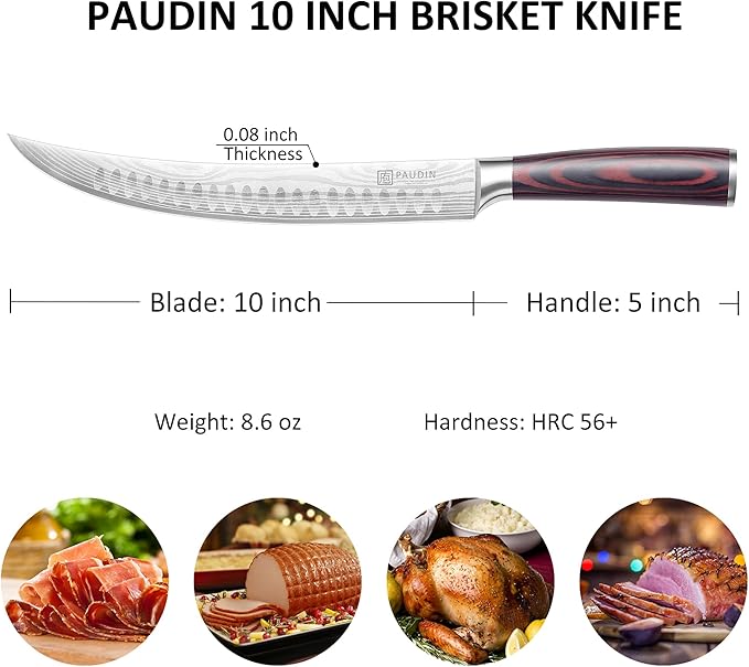 PAUDIN Carving Knife, 10 Inch Butcher Knife, Forged High Carbon German Stainless Steel, Razor Sharp Curved Brisket Slicing Kinfe for Poultry Beef Pork Meat Cutting, Ergonomic wood Handle Design