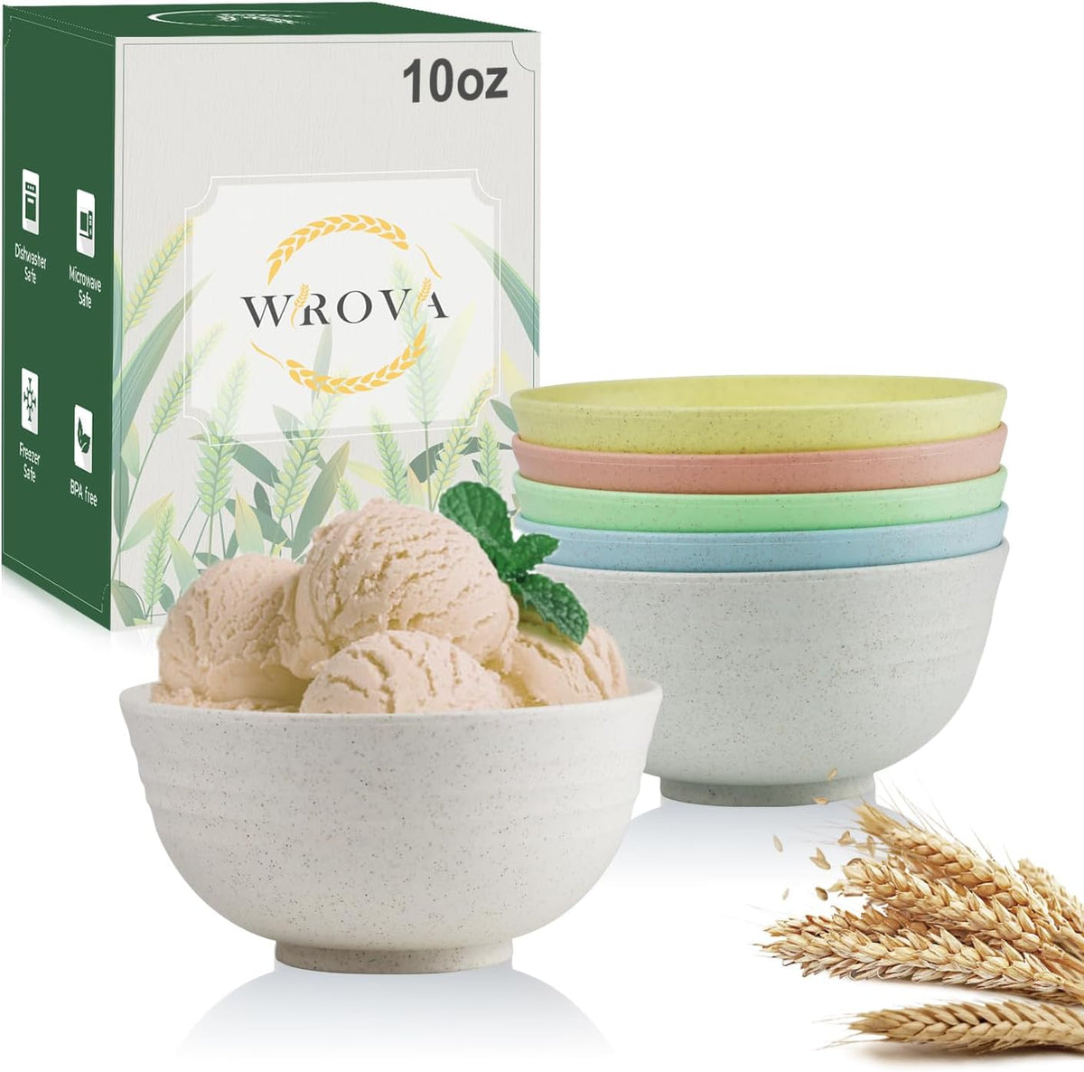10oz Wheat Straw Bowls Set of 6, Unbreakable Ice Cream Bowl Sets for Kids, Snack Bowls Dishwasher and Microwave Safe
