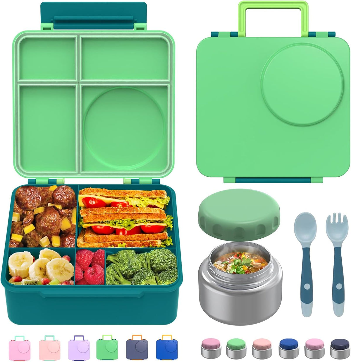 Bento Box for Kids - Leak-Proof Lunch Box with Insulated Thermos Food Jar - 4 Compartments, 1 Removable Divider, 1Spoon, 1 Fork - Dishwasher Safe, BPA-Free (Green)